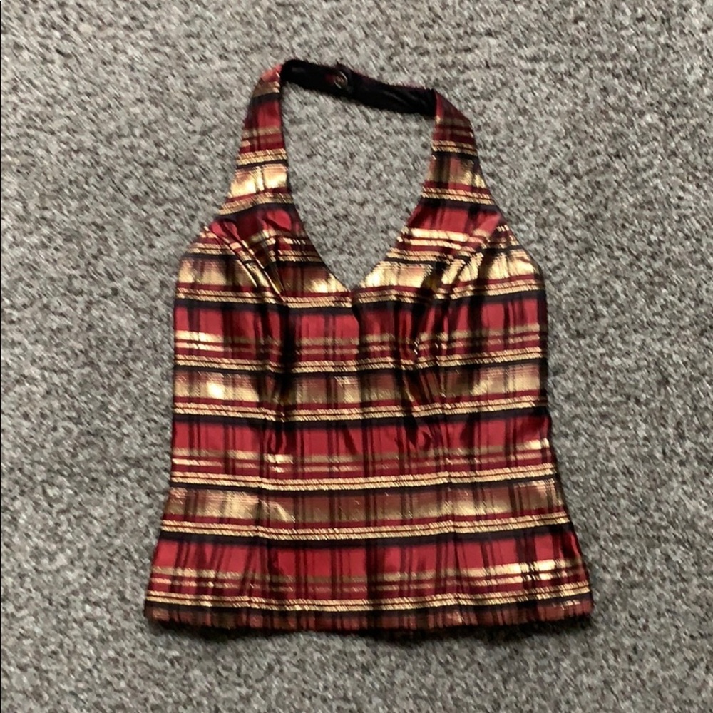 XScape burgundy and gold halter cocktail top.